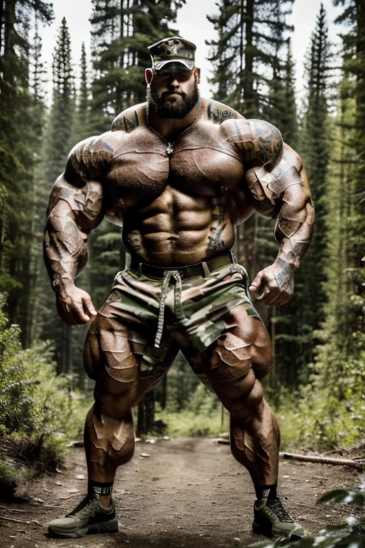 ((best quality)), ((masterpiece)), (detailed),male, perfect face, tattooed, ripped, army officer, showcasing perfect biceps, veins popping, sweaty muscles, Bodybuilder size,perfect sixpack abs, broad strong chest, wearing army camo pants, wearing a unbuttoned camo shirt, showcasing a coverd body in highly detailed tattoos, huge muscles, tattooes covering his body, sexy aura, strong and protective, has to keep you save, forest in the background, lustfull eyes, looking you closely in the eyes hungry for love, tattoos on his arms belly and chest, 500kg of pure muscle, no body hair.
