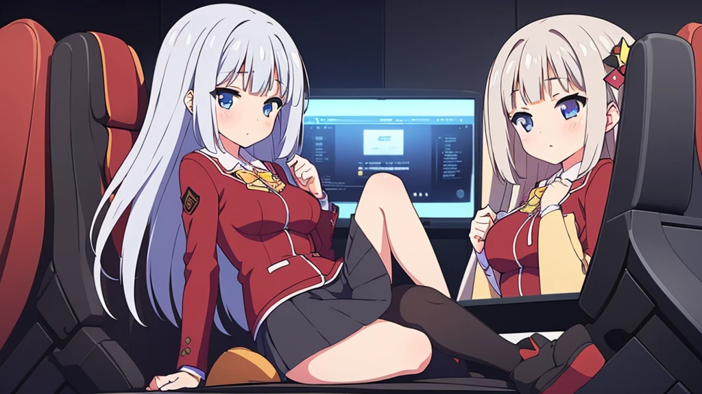 Girl long white hair blue eyes blush on face in PC gaming room Short pleated skirt long stockings cat hoodie black great quality 8k very detailed image perfect anatomy full body