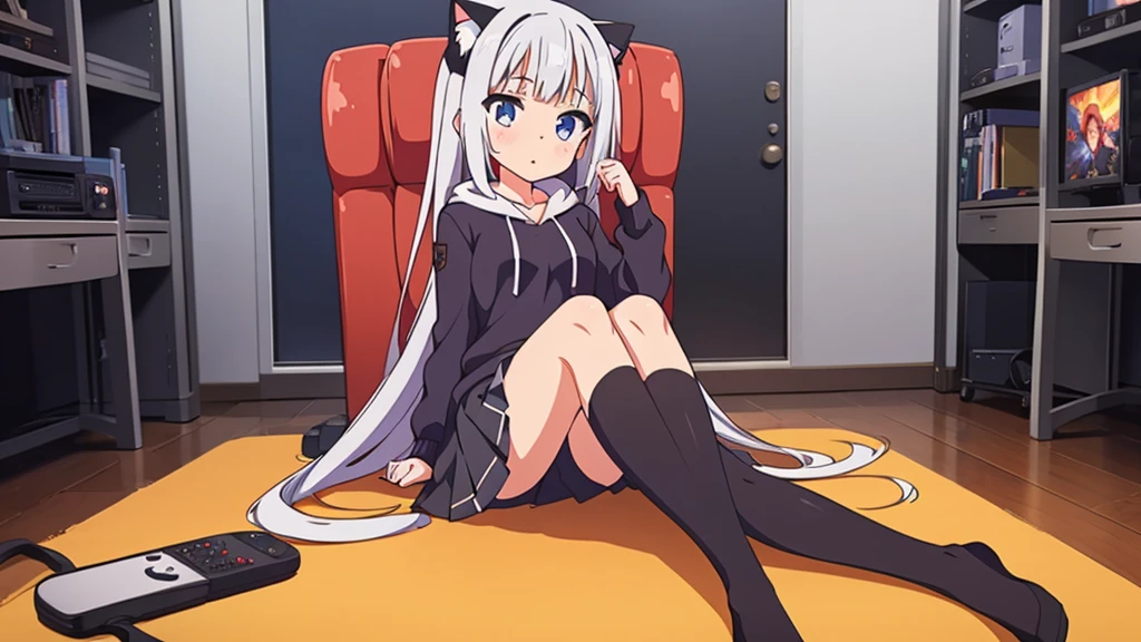 Girl long white hair blue eyes blush on face in PC gaming room Short pleated skirt long stockings cat hoodie black great quality 8k very detailed image perfect anatomy full body
