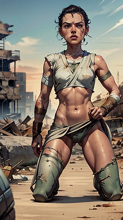 Daisy Ridley face, masterpiece 1.3, Ultrarealistic face, slim athletic physique, small flat breasts, round ass, "Kneeling in the rubble of a destroyed building, Rey's shoulders slump in defeat. Blood trickles from a cut on her forehead, and her clothes are torn and dirty, reflecting the intensity of her recent fight.", sweaty body glistening skin, dirt covered around her body, shameful expression tears in her eyes, hand cut off 