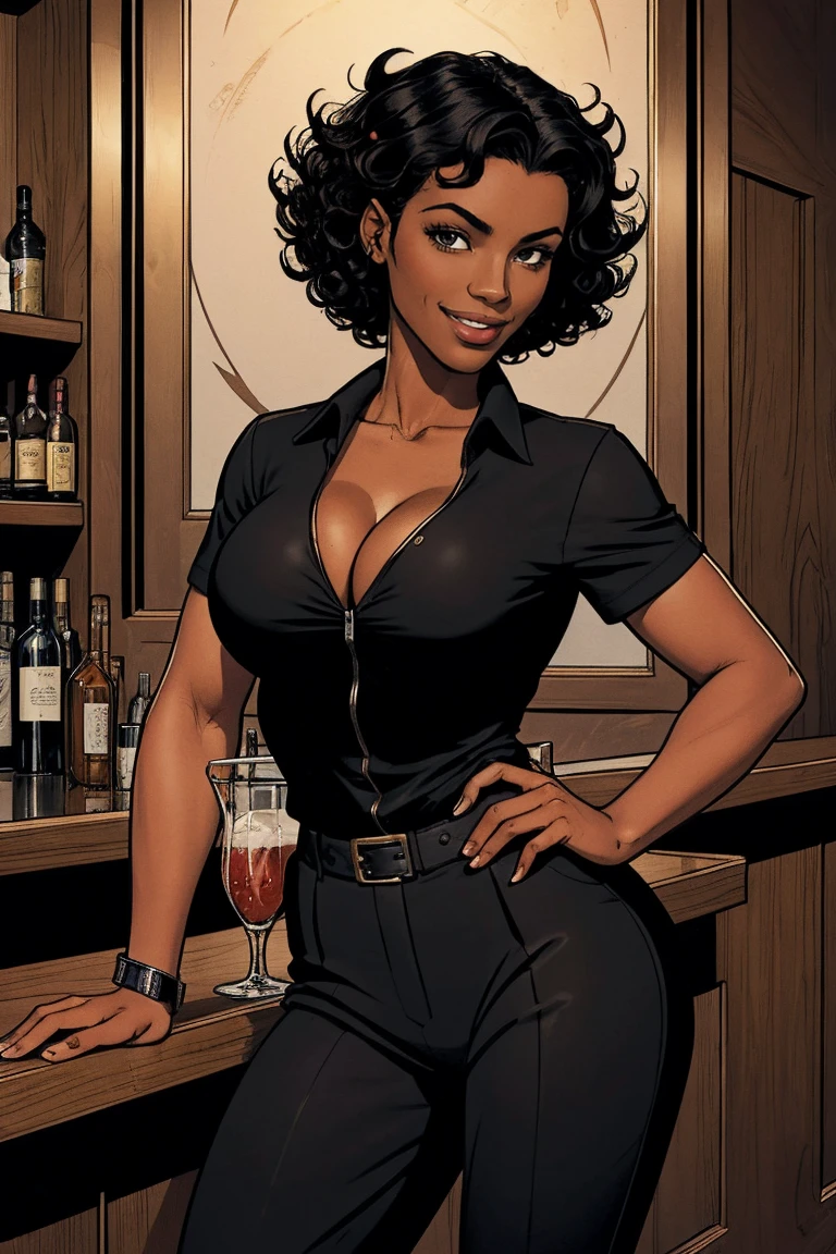 Cardinal, a gorgeous bartender woman with (dark skin, short curly black hair) wearing a black polo, tight slacks. Athletic, gigantic breasts, wide hips. Short curly black hair, mixing a drink. Smiling. Confident. At a high-end bar, luxury hotel. cleavage.