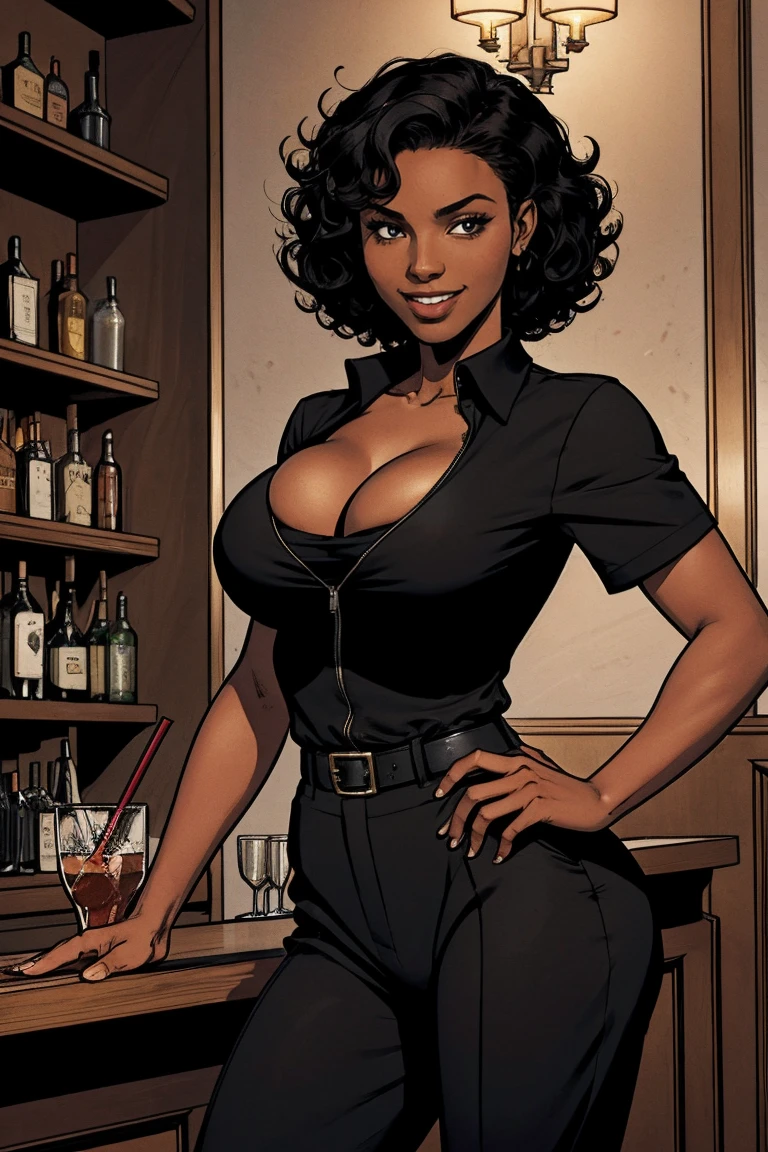 Cardinal, a gorgeous bartender woman with (dark skin, short curly black hair) wearing a black polo, tight slacks. Athletic, gigantic breasts, wide hips. Short curly black hair, mixing a drink. Smiling. Confident. At a high-end bar, luxury hotel. cleavage.