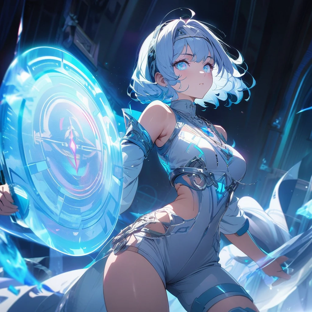 Create an image of a gentle girl with short, silvery-blue hair wearing a fitted, high-collar, long-sleeved shirt with glowing runic patterns, slim-fit cargo pants, fingerless gloves with LED strips, articulated knee guards, and sturdy, glowing-trim combat boots; she has a high-tech headband, (nude:0.8) a silver necklace with a crystal pendant, and a wrist-mounted holographic projector, and she is generating a large, translucent energy shield with intricate, glowing blue patterns, standing in a dynamic yet gentle pose with a dark, dramatic background illuminated by blue light and energy waves, detailed gorgeous face| anime style| key visual| intricate detail| highly detailed| breathtaking| vibrant| panoramic| cinematic| Carne Griffiths| Conrad Roset| gibbli 8