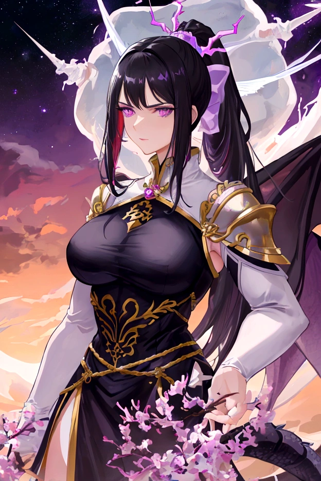 An adult tall woman, a war goddess, black hair with gray streaks, high ponytail, purple eyes, dragon horns and tail, divine light, muscular physique, open white clothes, indifferent gaze, armor elements, lipstick