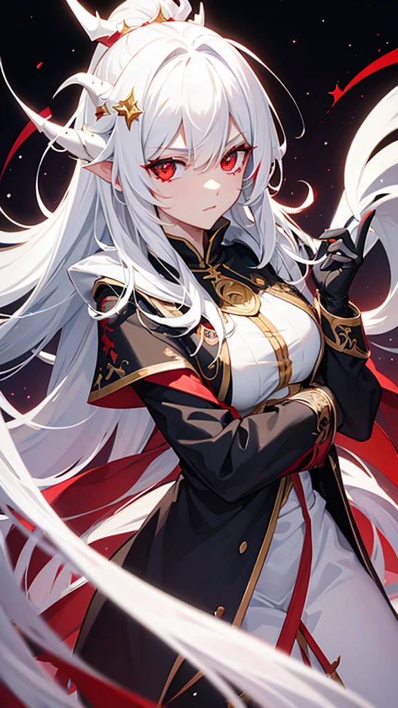  dragon-like and white hair, and star details, Red eye