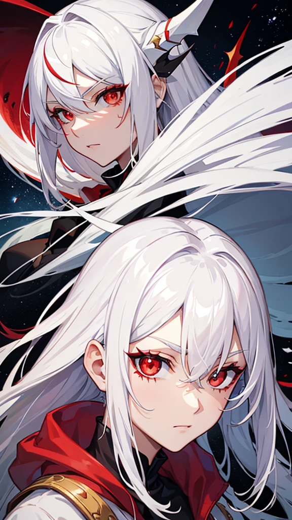 dragon-like and white hair, and star details, Red eye