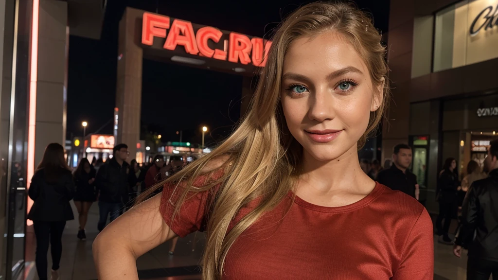 Lily Bowman), posing, modeling, with red casual outfit design, full body, mall, in the night, sexy smile, best quality, blur night background with Green Eyes, , Ultra Realistic, Meticulously Detailed, Portrait, Blonde Hair and Big Eyes, Selfie of a Young Woman, Green Eyes, No Makeup, Natural Makeup, Looking Directly at the Camera, face artgram, subtle make-up, Impressive photo, stand, with sexy smile, Medium and large size chest, allowing the face to be seen clearly, mall, night.
