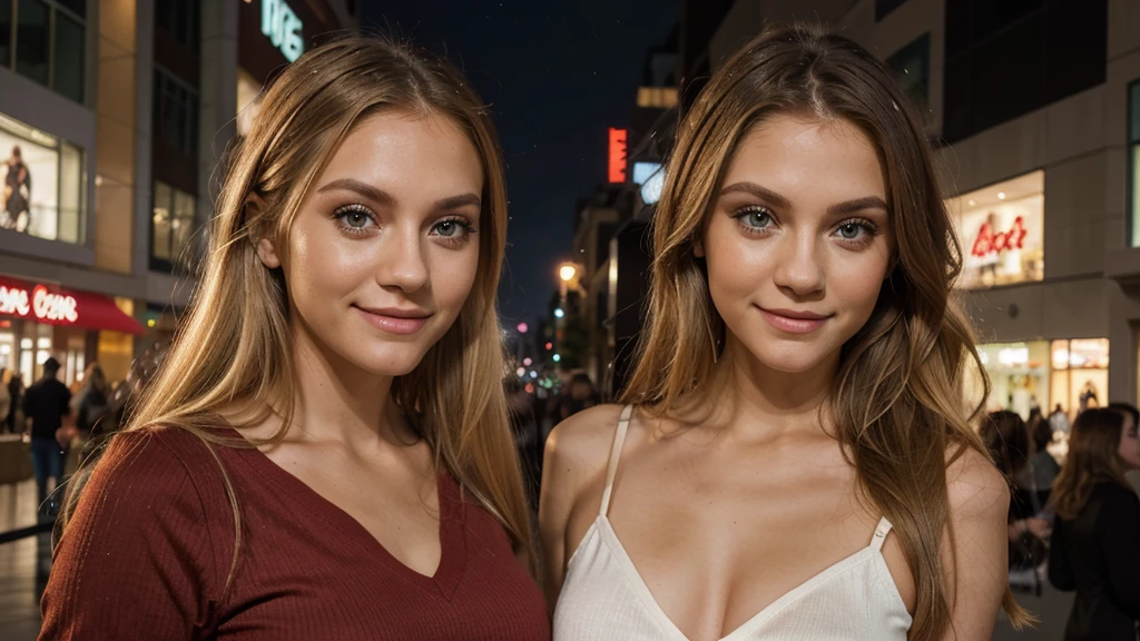 Lily Bowman), posing, modeling, with red casual outfit design, full body, mall, in the night, sexy smile, best quality, blur night background with Green Eyes, , Ultra Realistic, Meticulously Detailed, Portrait, Blonde Hair and Big Eyes, Selfie of a Young Woman, Green Eyes, No Makeup, Natural Makeup, Looking Directly at the Camera, face artgram, subtle make-up, Impressive photo, stand, with sexy smile, Medium and large size chest, allowing the face to be seen clearly, mall, night.