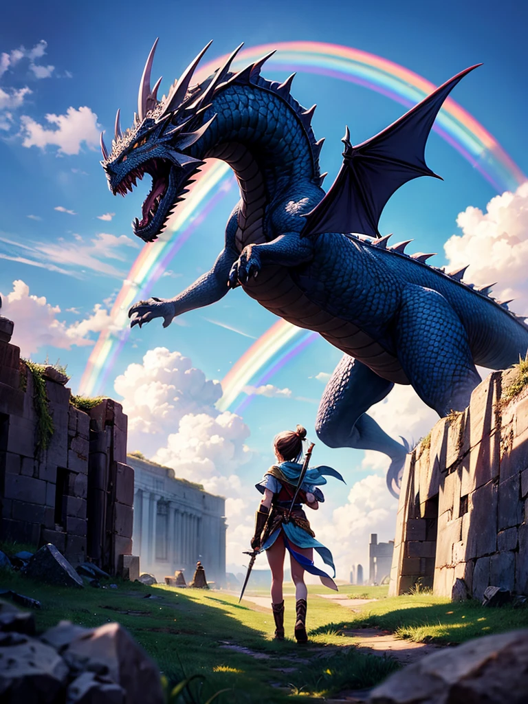 Highest quality,Highest Resolution,１People Girls,Fighting a big dragon,Holding a sword,In the sky１rainbow,Ancient City,Fantasy,