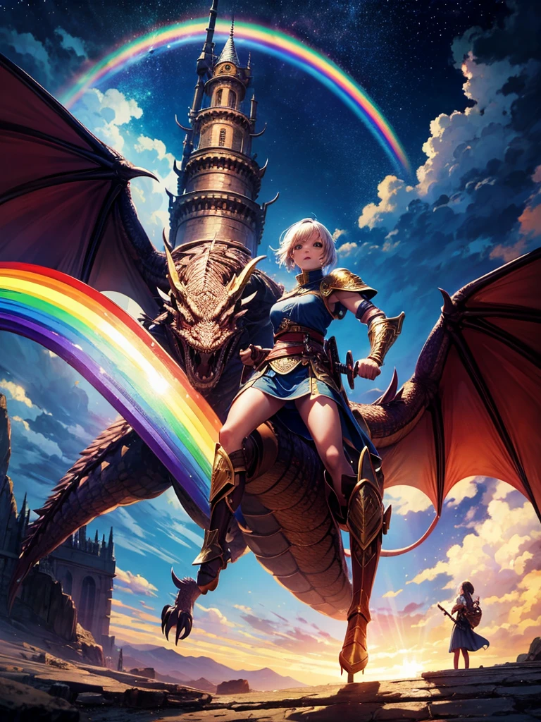 Highest quality,Highest Resolution,１People Girls,Fighting a big dragon,Holding a sword,In the sky１rainbow,Ancient City,Fantasy,