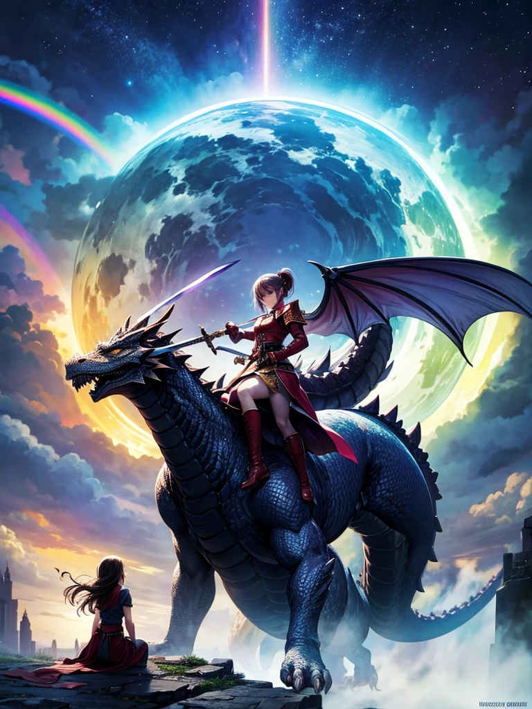 Highest quality,Highest Resolution,1People Girls,Fighting a big dragon,Holding a sword,In the sky1rainbow,Ancient City,Fantasy,