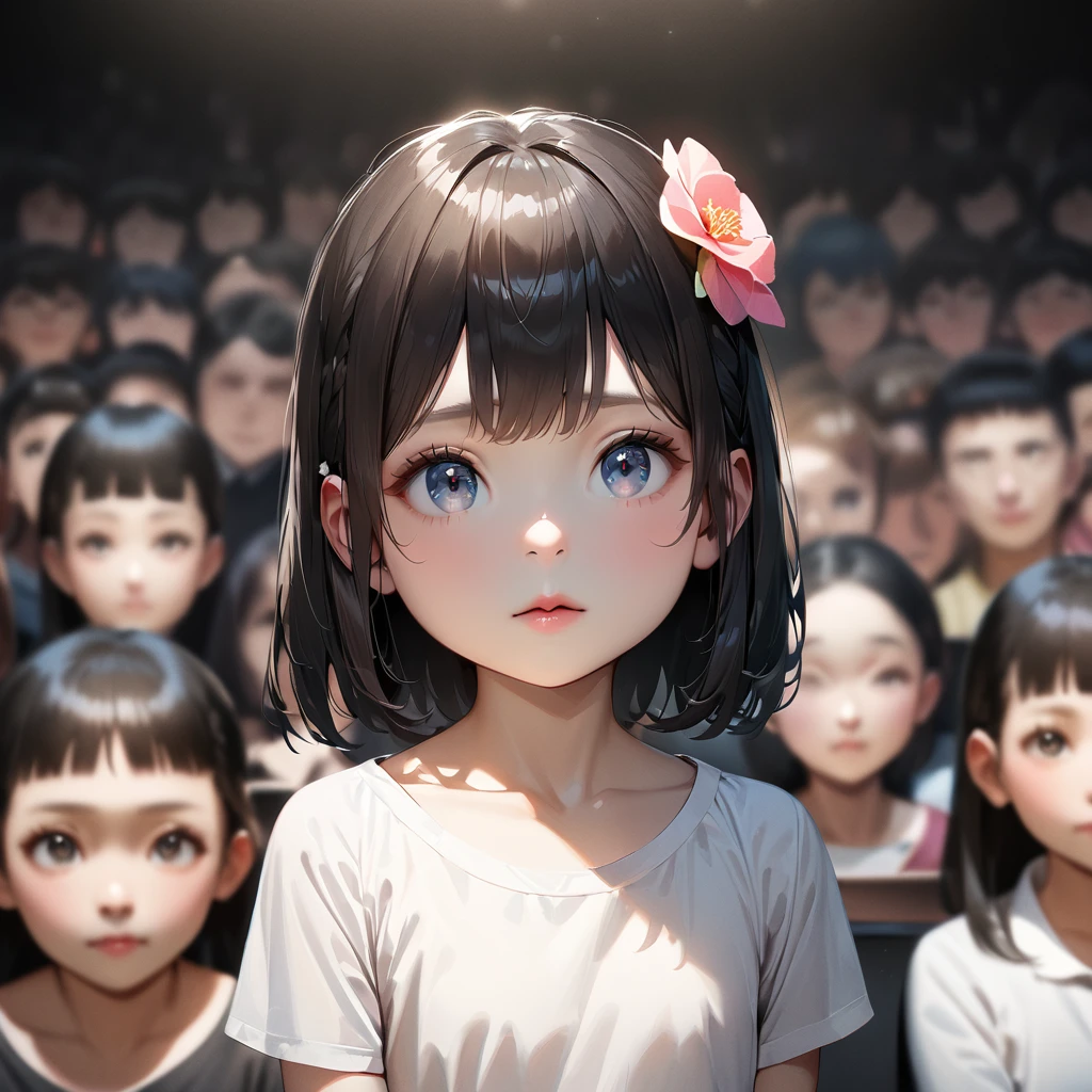 Loli anime girl, Realistic Shadows, Detailed skin, Very small , Black Hair, Very detailed, 8kのVery detailedな顔, perfect face shape, Perfect Lips, Perfect Nose, Correct beautiful eyes, Audience, White shirt, Hair Flowers, masterpiece, Highest quality, Single women, Very good, No panties, alone