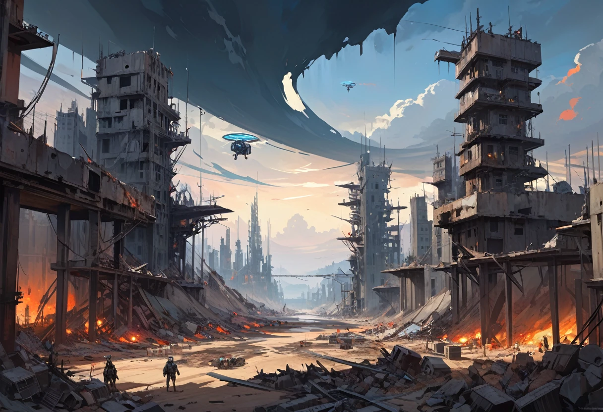 grand scape, dead world theme, polluted world, destroyed minimalist city with unfinished building structures, all constructions made of steel and iron, without vegetation, No Water, dark world, spectacular sky from another world, humanoid robots and drones roaming the environment. oil painting)