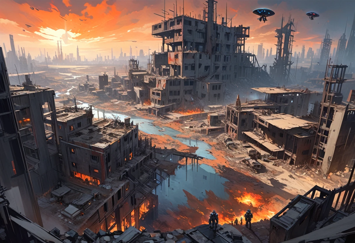 grand scape, dead world theme, polluted world, destroyed minimalist city with unfinished building structures, all constructions made of steel and iron, without vegetation, No Water, dark world, spectacular sky from another world, humanoid robots and drones roaming the environment. oil painting)