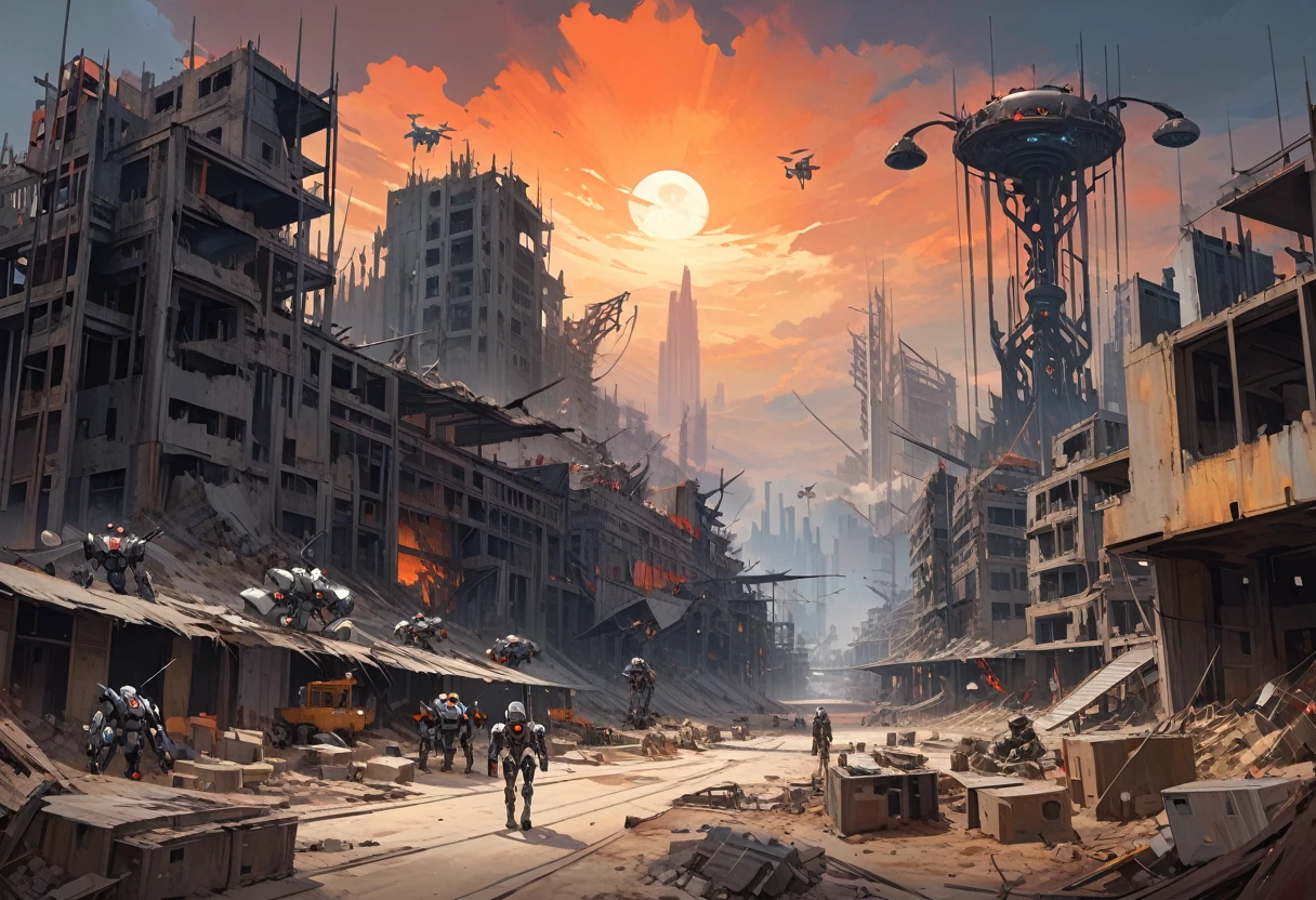 grand scape, dead world theme, polluted world, destroyed minimalist city with unfinished building structures, all constructions made of steel and iron, without vegetation, No Water, dark world, spectacular sky from another world, humanoid robots and drones roaming the environment. oil painting)