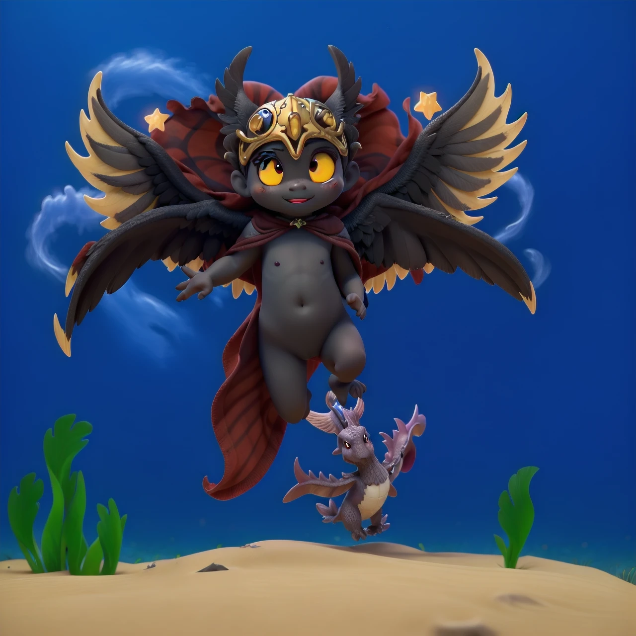 dark angel wings, dark grey skin, flying, cloak with stars, underwater, scalie