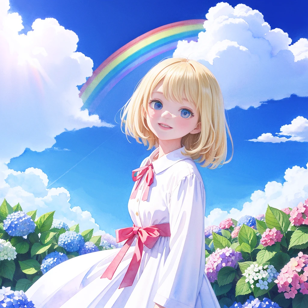 Highest quality,masterpiece,Watercolor style,Girl,Blonde,blue eyes,White dress,Red Ribbon Hydrangea,after the rain,rainbow,Looking up at the sky,smile,light spreads