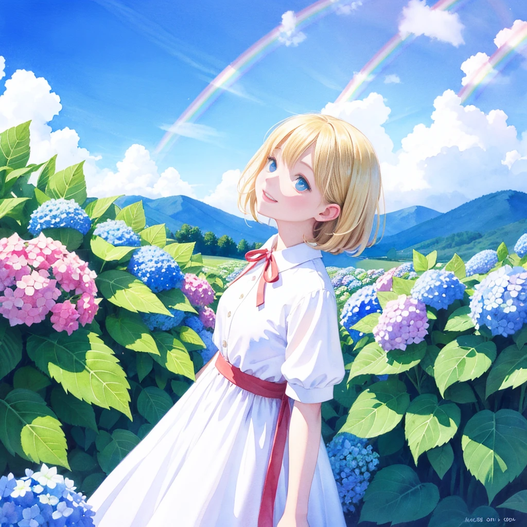 Highest quality,masterpiece,Watercolor style,Girl,Blonde,blue eyes,White dress,Red Ribbon Hydrangea,after the rain,rainbow,Looking up at the sky,smile,light spreads