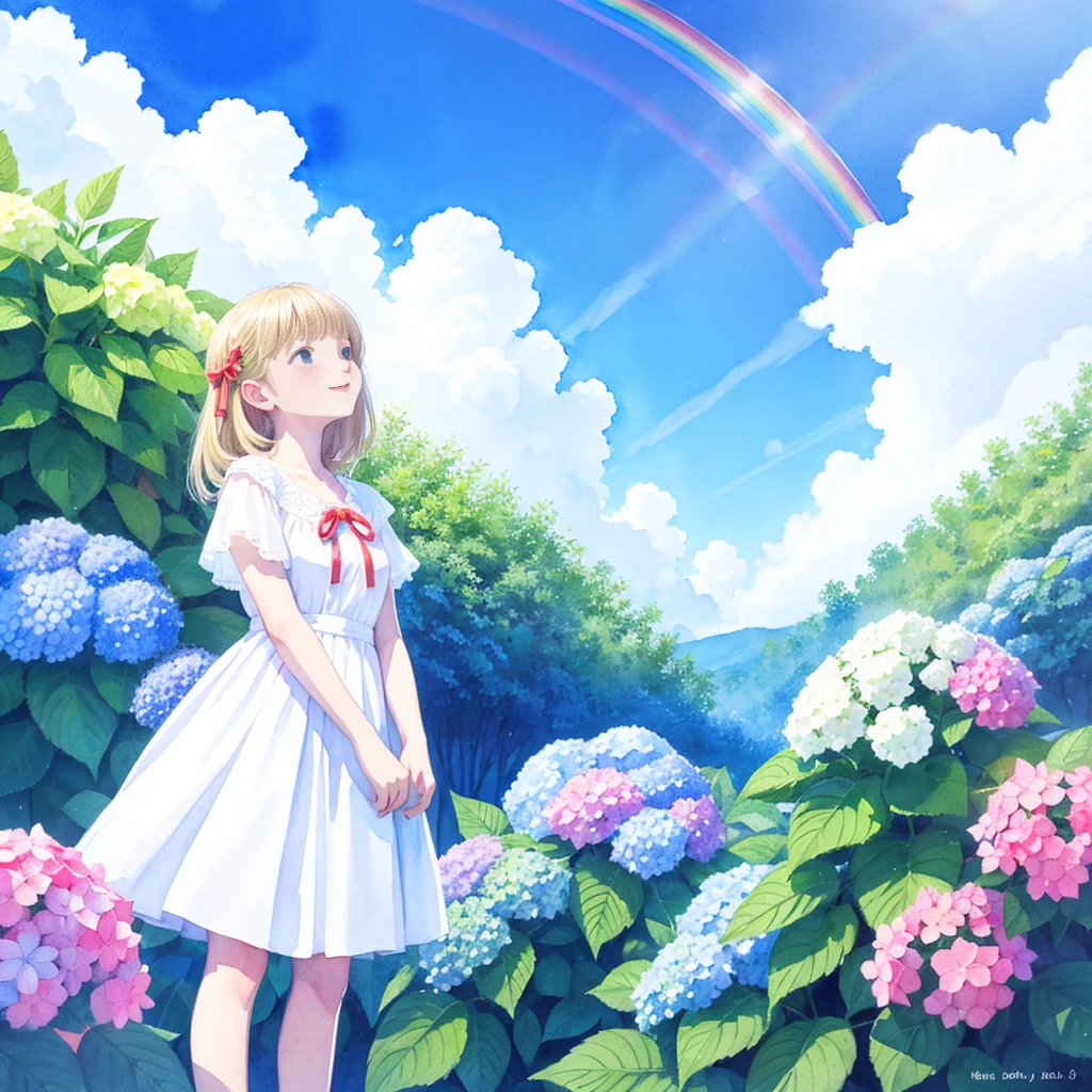 Highest quality,masterpiece,Watercolor style,Girl,Blonde,blue eyes,White dress,Red Ribbon Hydrangea,after the rain,rainbow,Looking up at the sky,smile,light spreads