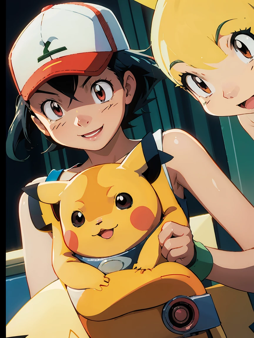 Perfect picture,,{Pokemon themed}{Pikachu }{hedonism},{Have a Poké Ball},8  girl,4K picture quality, Cinematic,,{Gamine},{small body and chest,,,,,,,,,,,,,} Longhaire,a blond,cute expression,face perfect,｛girl showing a smile｝