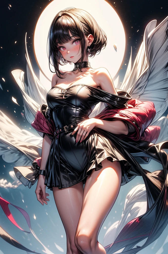 masterpiece, best quality, high-resolution, finely detailed, extremely detailed and beautiful, distinct image, 1 girl, solo, beautiful young age girl, 13 ynned white skin, silky thigh-length negligee sleepwear, short shoulder length hair, sleek dark violet-black hair, Pixie cut hair, big round velvet colored eyes, fringe bangs over forehead, oval shaped face, sharp facial features, high-bridged nose, full cherry pink lips. medium height(172cm). D-cup breasts, small narrow waist. small delicate curvy hips, smooth silky thick thighs, large round ass, hourglass figure, slender and slim build, standing upright, full body picture, hip-level shot.
