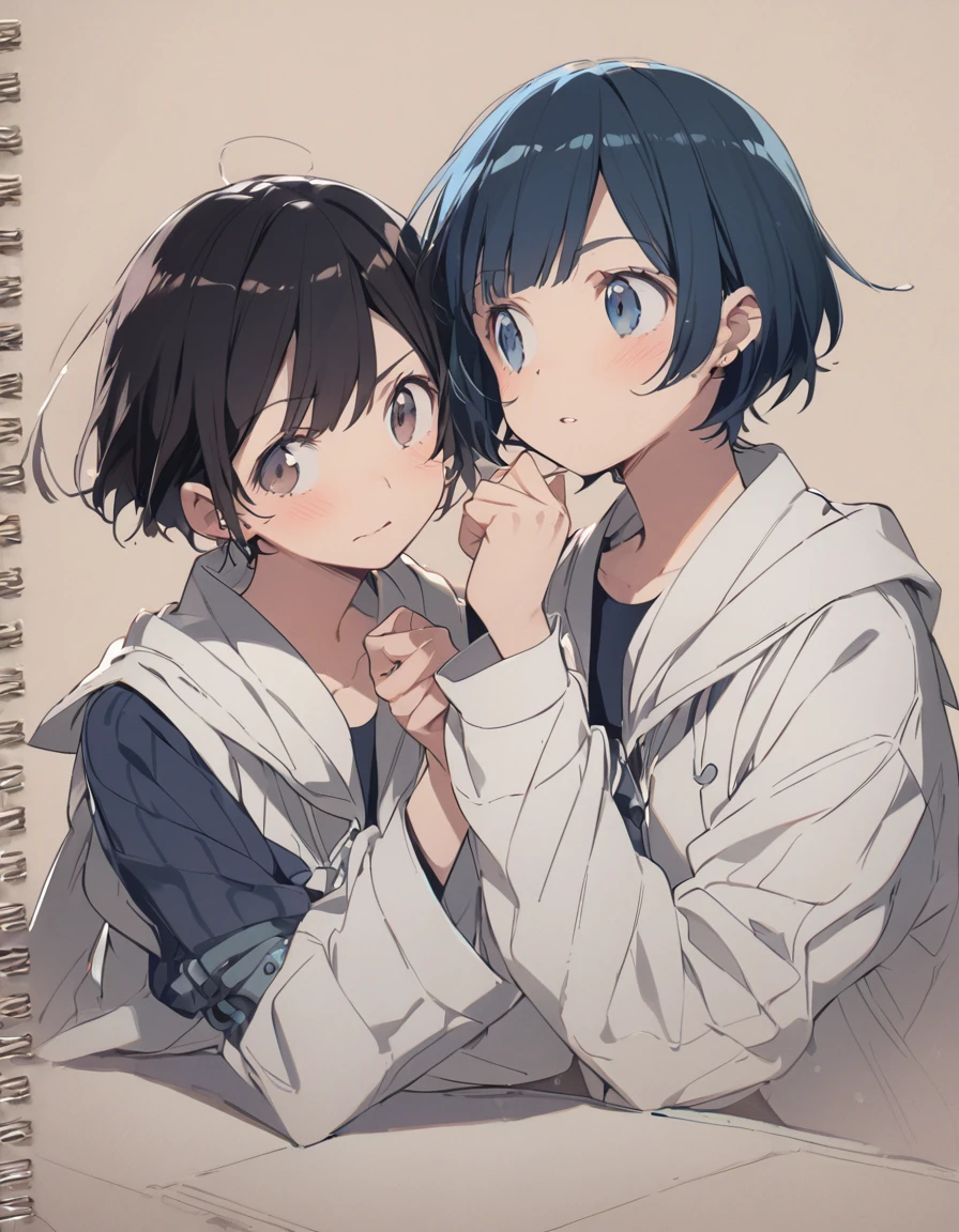 Two short-haired girls are having a conversation