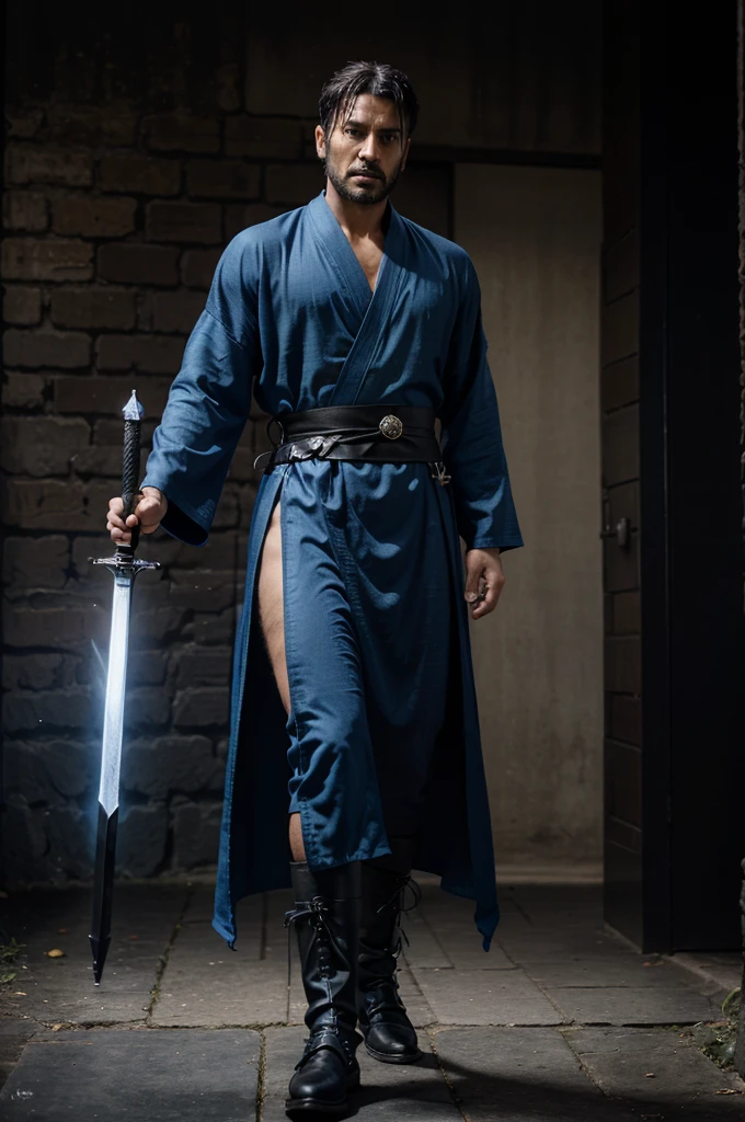 Considering the ((man)), Manu Shinra's powerful and possibly divine nature, his clothing could reflect a blend of elegance and strength. Picture him in a sleek, dark blue or black kimono-style robe, symbolizing his connection to animals and nature. The robe might be adorned with subtle flame motifs, connecting to his association with blue fire. He has a doulbe-sword, ((Four Black sword)) ((two swords)) ((blue fire))
To complete the look, he could wear sturdy yet refined boots, and perhaps a simple circlet or headpiece. ((Boy))((Man))