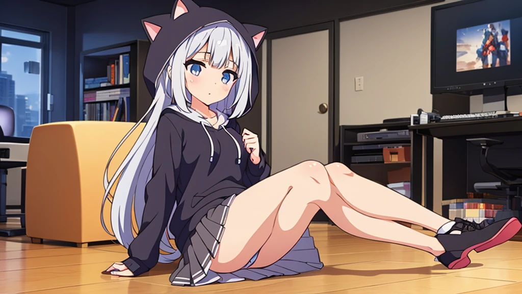 Girl long white hair blue eyes blush on face in PC gaming room Short pleated skirt long stockings cat hoodie black great quality 8k very detailed image perfect anatomy full body