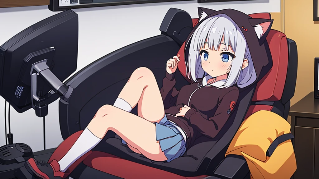 Girl long white hair blue eyes blush on face in PC gaming room Short pleated skirt long stockings cat hoodie black great quality 8k very detailed image perfect anatomy full body