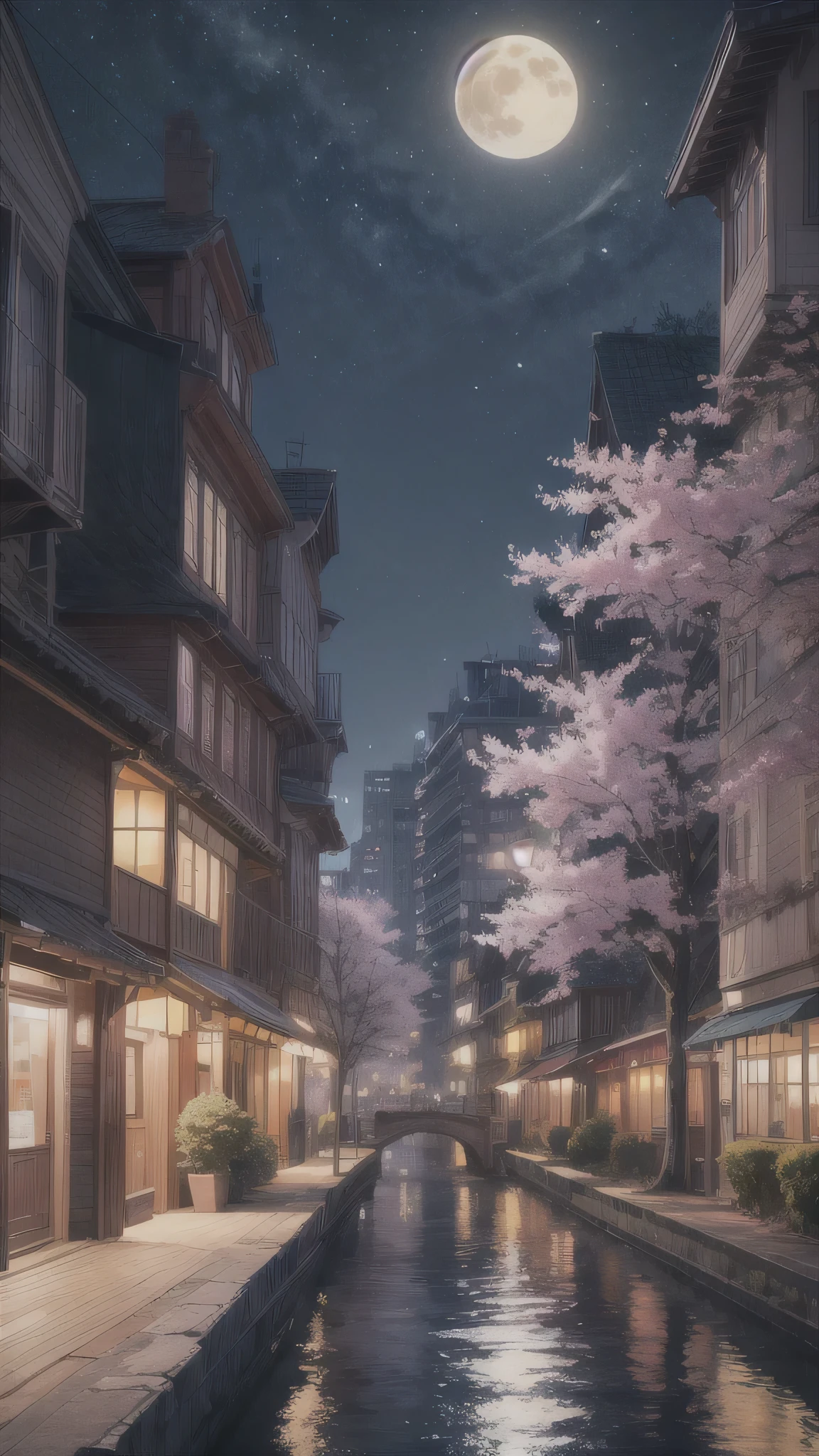 Creates a serene and magical night view. The composition should blend natural elements with the cityscape., Highlight the full moon that lights up the sky. Incorporate vibrant colors, Focus on blue and purple hues、Creates a magical evening atmosphere. A bright full moon should be in the center, casting a glow all around it.. A pink blossoming tree with elegant branches surrounding the top of the image々I will incorporate. Under, Showcasing cityscapes with skyscrapers lit up in various lights. Place a wooden bridge or path in the foreground, Continue to the street, Inviting the audience into this fascinating world. The overall aim is for a calm yet seductive atmosphere, Showcasing the harmonious coexistence of nature and city life under magical moonlight.,