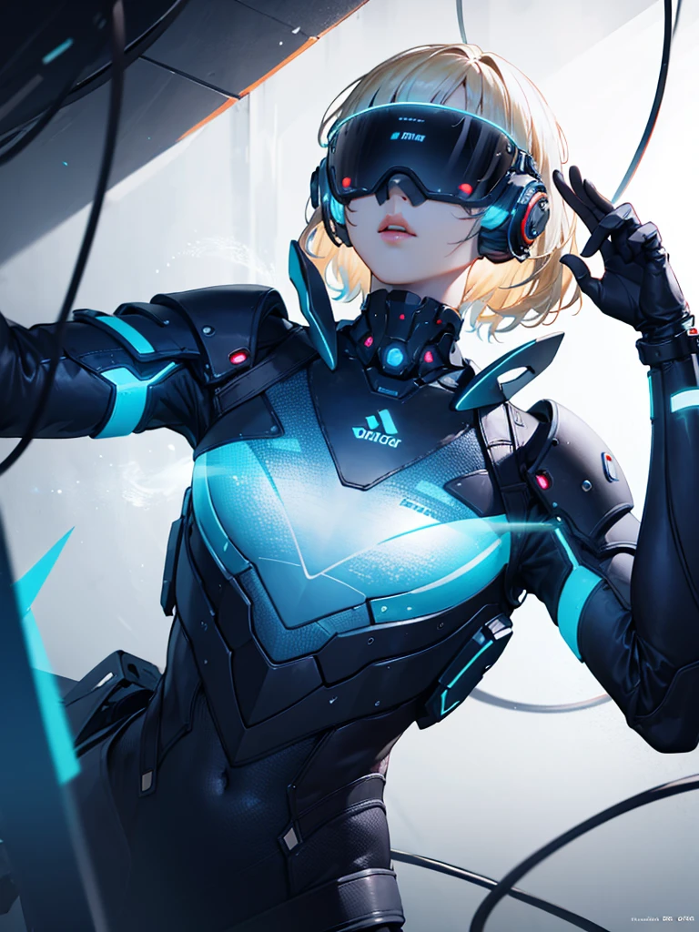a handsome teenage boy, blonde short messy hair, blue eyes, beautiful detailed eyes, beautiful detailed lips, extremely detailed eyes and face, turned into a cyborg, wearing a futuristic headset, cyborg crop top armor, mind control device installed on head, blue glass-like futuristic visor, lying on a futuristic table, futuristic lab, futuristic technology, mind control device connected, best quality, 8k, highres, masterpiece, ultra-detailed, realistic, photorealistic, photo-realistic, HDR, UHD, studio lighting, ultra-fine painting, sharp focus, physically-based rendering, extreme detail description, professional, vivid colors, bokeh, sci-fi, concept art
