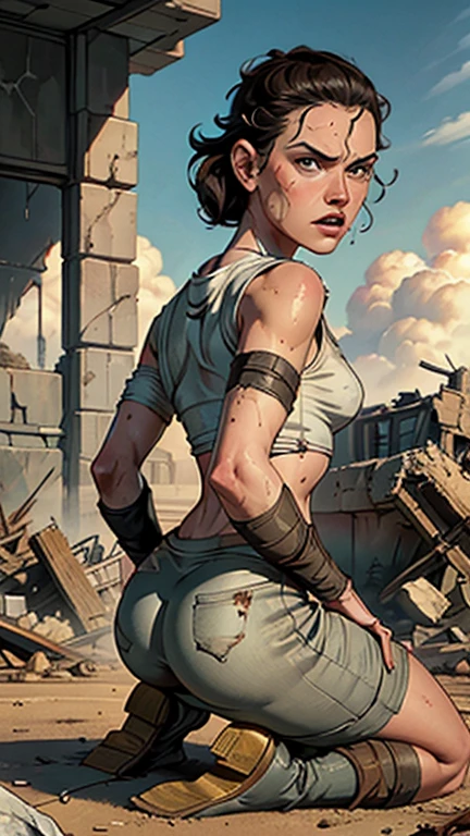 Daisy Ridley face, masterpiece 1.3, Ultrarealistic face, slim athletic physique, small flat breasts, round ass, "Kneeling in the rubble of a destroyed building, Rey's shoulders slump in defeat. Blood trickles from a cut on her forehead, and her clothes are torn and dirty, reflecting the intensity of her recent fight.", sweaty body glistening skin, dirt covered around her body, shameful expression tears in her eyes, hand cut off