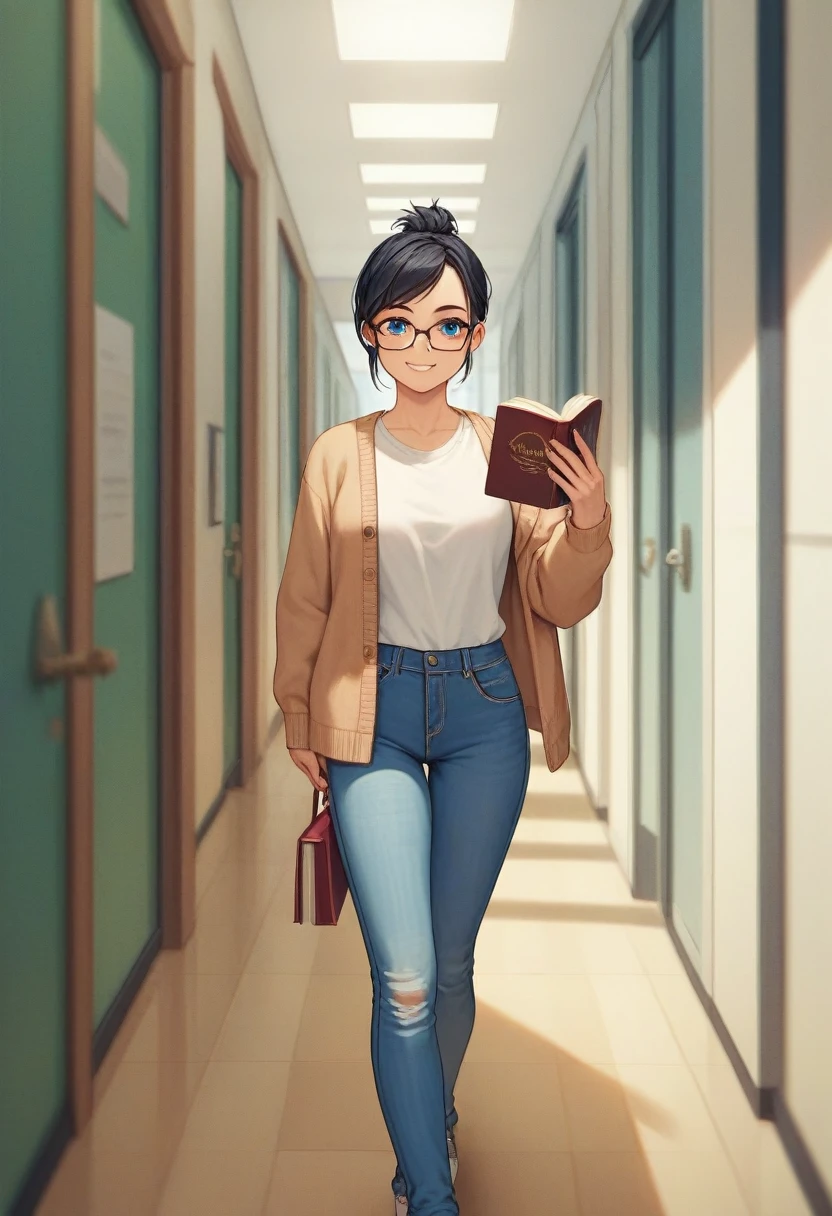 Adult female, highly detailed, glasses, short and messy black hair tied back, blue eyes, smile, crowded college hallway, cardigan, jeans, perfect eyes with black pupils, expressive eyes, high quality, best quality, walking, holding books, well defined eyes, far away
