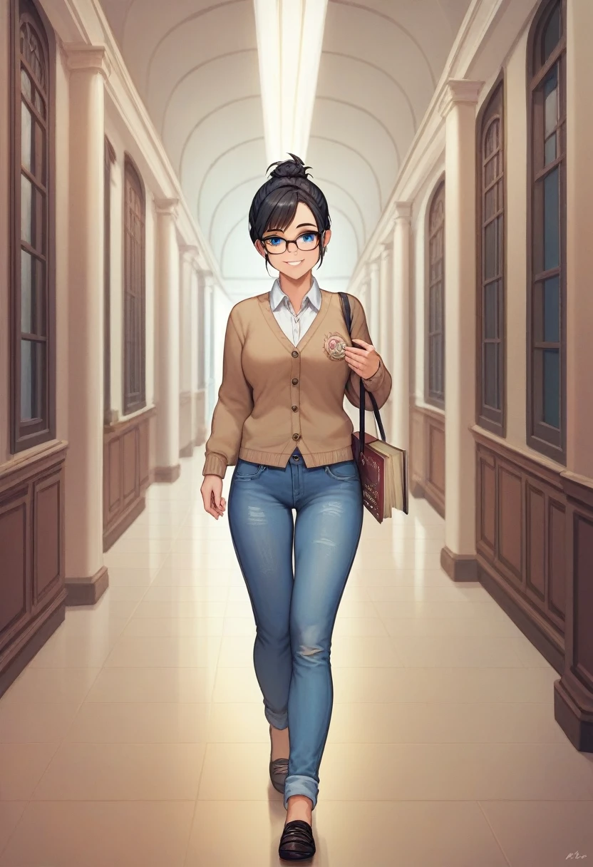 Adult female, highly detailed, glasses, short and messy black hair tied back, blue eyes, smile, crowded college hallway, cardigan, jeans, perfect eyes with black pupils, expressive eyes, high quality, best quality, walking, holding books, well defined eyes, far away