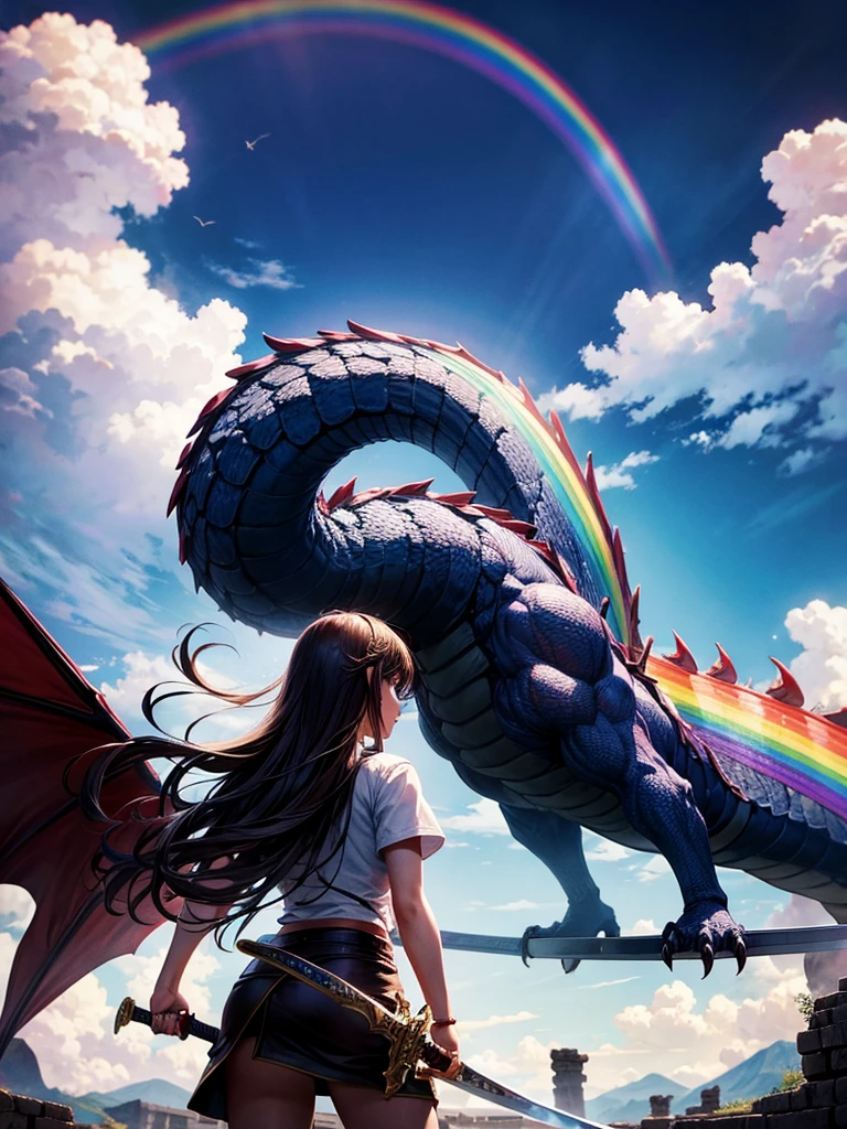 Highest quality,Highest Resolution,1People Girls,Fighting a big dragon,Holding a sword,In the sky1rainbow,Ancient City,Fantasy,