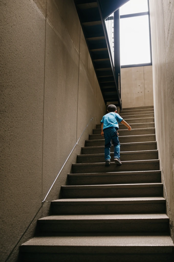 A boy climbing stairs wanting to get to the top