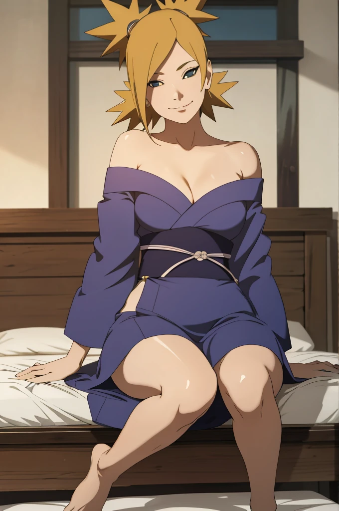 Masterpiece, absurderes , (Intricate details), (Colorful),cleavage，Off-the-shoulder attire，Cinematic lighting,Bust Up Shot,Extremely detailed Cg Unity 8K wallpaper,Temari\(Boruto\), 1girl, Mature female, blue tiny kimono,  Sitting, smile, on bed, spread legs, pussy, bottomless, between legs