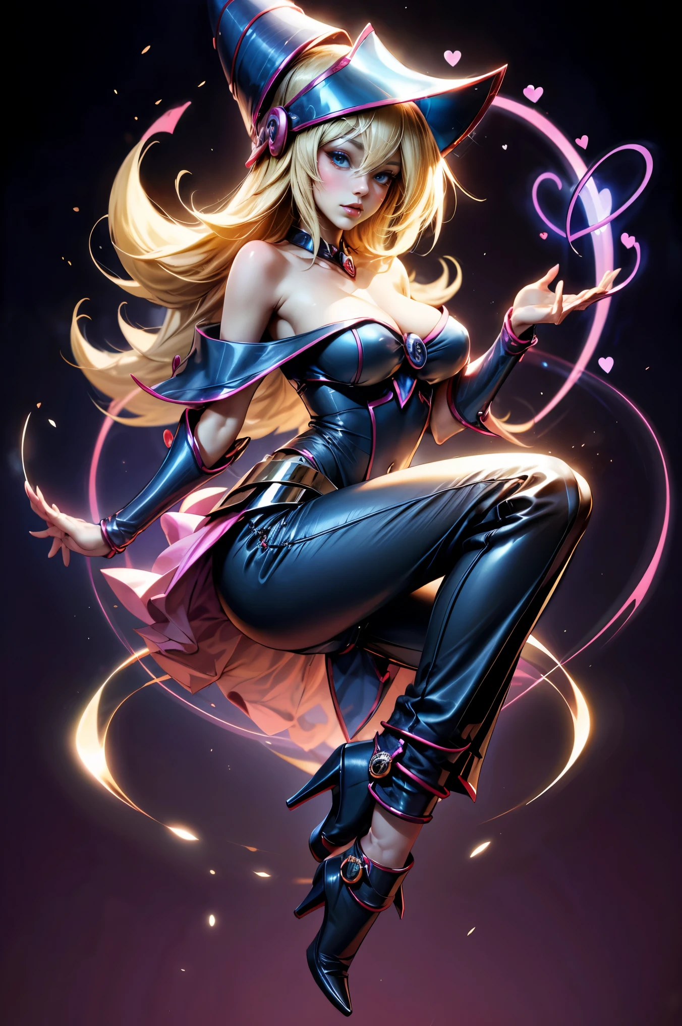 dark magician gils, with high-heels. pants,  sexy, Subjective and sensual pose. magic background. Magical heart in the air. magic circle 