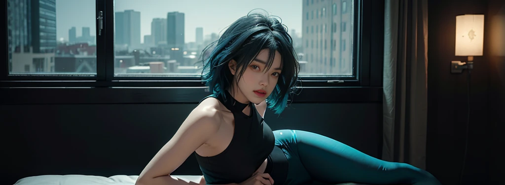 23 year old girl, beautiful, short shoulder length hair, black and cyan hair color, almond eyes, no makeup, cyan crop top, thin leggings, in front of the window, night city, quiet atmosphere, close-up, midnight, (photo: 1.2 ), (super realistic: 1.3), (highly detailed: 1.1), ((masterpiece)), quiet, sad, don't cry