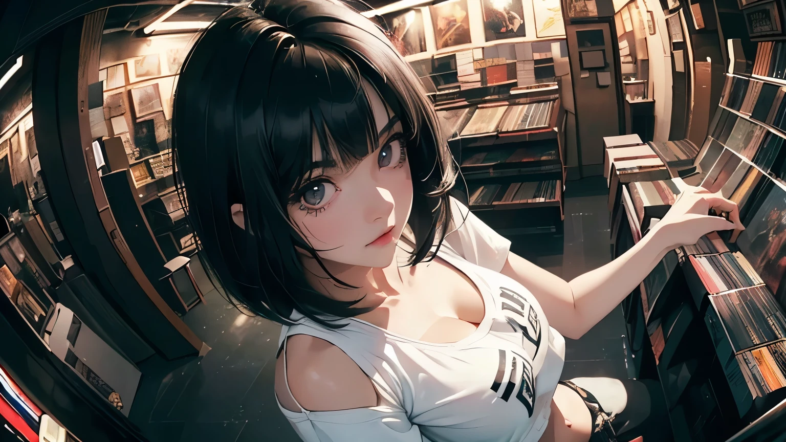 ((8k wallpaper extremely detailed CG unit, masterpiece, High resolution, top quality)), (A very detailed beautiful woman, Perfect face,Black Hair, bob cut,Bangs, Gray eyes, Top of crop, Short sleeve, crop top, Huge ), ((The face is rich in detail, Highly detailed dark eyes, Extra detailed body, Top quality real texture skin)), (A black-haired one, Messy hair, White skin), (Interior Architecture, glowing neon lights, Record store), (High Angle:1.2, Fisheye:1.3), Surrealism, number,