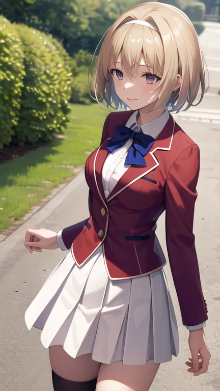 masterpiece, best quality, highres, aakikyo, short hair, hair intakes, white hairband, blue bowtie, collared shirt, blazer, red jacket, long sleeves, white skirt, pleated skirt, black socks, cowboy shot, standing, outdoors, straight-on, arms at sides,