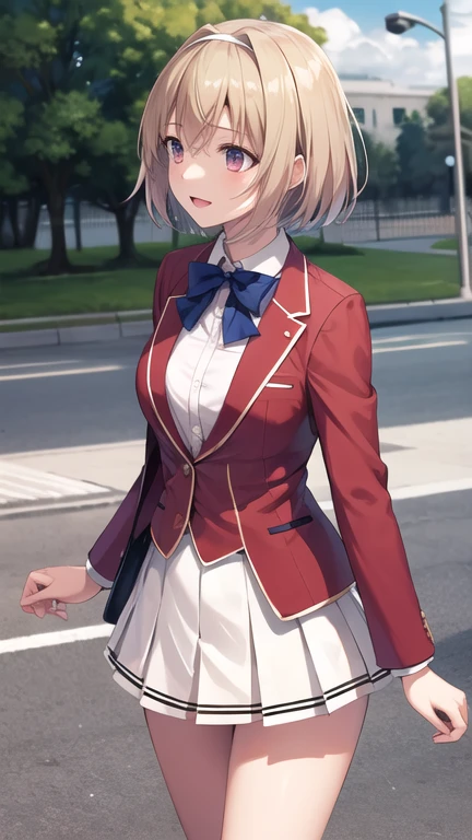 masterpiece, best quality, highres, aakikyo, short hair, hair intakes, white hairband, blue bowtie, collared shirt, blazer, red jacket, long sleeves, white skirt, pleated skirt, black socks, cowboy shot, standing, outdoors, straight-on, arms at sides,