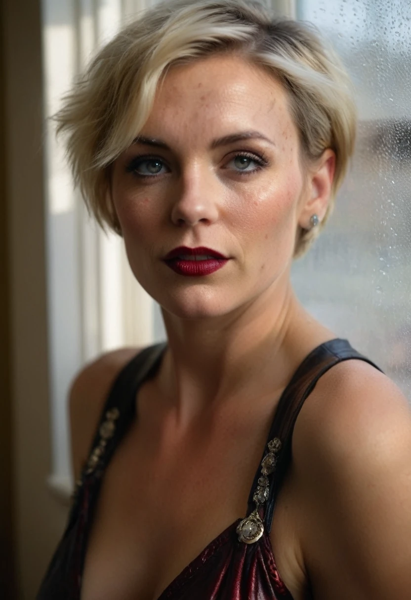 ((RAW full body Photograph)), beautiful, elegant, femme fatale, fascinating, American blonde lady, very feminine ((voluptuous busty topless)) 50yo lady. Backlit. ((Face leaning against an ancient English window)), ((thunderstorm lightning cast shadows of raindrops on her face)). Very strict, upset, authoritative, ((very candid expression)), ultra short pixie haircut, big deep blue eyes, penetrating gaze, evident detailed face skin imperfections: wrinkles, freckles, pores. sexy fetish leather straps, buckles, hold-ups and garter belts, rich classy jewelry, martial pose, insane intricate detail, classy elegant mansion, low candle lights, intimate calm atmosphere, ((very dark gothic makeup with dark red lips)), award winning art, ((full body framing)), raytracing, sharp focus, bokeh, 8k, hdr, masterpiece, photography, dslr, kodachrome, 35mm photograph, analog film, professional, highly detailed, ultra low angle side viewe male,