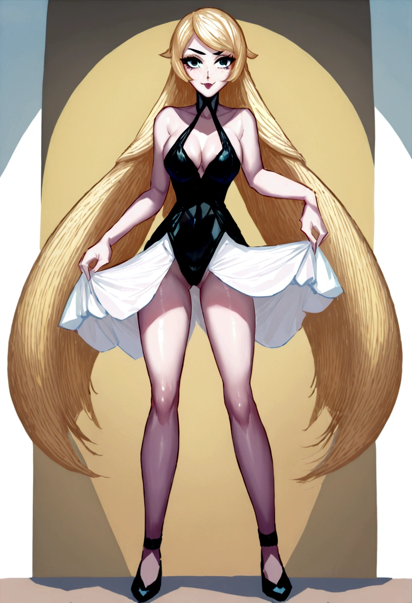 , Mix a blonde girl in office:1.9 (Isabella Deltore, Ursula Karven, blonde Behati Pinsloo und blonde Meghan Markle), sun-tanned skin, Hairline, blonde bob hair with lots of blonde strands, bleached blonde bob hair, Shoulder Bob, , blonde bob hair with lots of blonde strands, pointed nose, bleached blonde bob hair, Shoulder Bob, stupsnase, 45 years old, lifted face, Nose for Plastic Surgery, Vampir-Lifting, Pores on the cheeks, broad nasal bone, Eye wrinkles, small laugh lines, Hautpo, Pointed cheekbones, High cheekbone, Almond eyes, Schmale Almond eyes, Smokey Eyes Make-up, Vamp Make-up, stupsnase, brownish skin, Surgical lips, detailed face details (freckles, folds, Hautpo) Full body image of (woman, Stand, little smile), (detailed realistic face), (((Hyperdetailed))), symmetrical face, detailed student, expressive make-up, Real photography, modern look, Real photography (realisti:1.5); Strong Dark Eye Makeup Vamp Mascara, long black dark eyelashes,, Show hips, Confident Pose, dominant woman , black eyeshadow, spectacular show make-up, Image grain, pixel grain, high contrast, Hips posing, sexy hips, Full body shot, long legs, sexy legs, large , large , busty, She presents her body in a naughty way, provocative for the viewer, sexy attitude, she is wearing a cozy dress at home (BESTquality:1.2),(Super Resolution),(1 person),(16K),(Full body:1.2),()(Cute Women),(Spread your legs wide apart and fall to the ground:1.2),(Angle from below:1.3),(Pink Panties:1.2),((Skirt lift:1.3)),(High twin tail hair:1.3),(Cute Women),(,(Thin legs:1.2),(very cute:1.3),(Keep your hands behind, secretary:1.9, loubotin:1.9