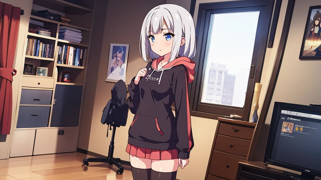 Girl long white hair blue eyes blush on face in PC gaming room Short pleated skirt long stockings cat hoodie black  great quality 8k very detailed image perfect anatomy full body 