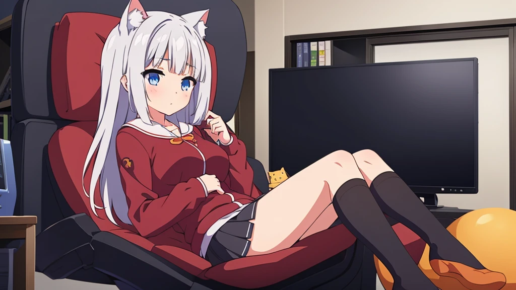 Girl long white hair blue eyes blush on face in PC gaming room Short pleated skirt long stockings cat hoodie black  great quality 8k very detailed image perfect anatomy full body 