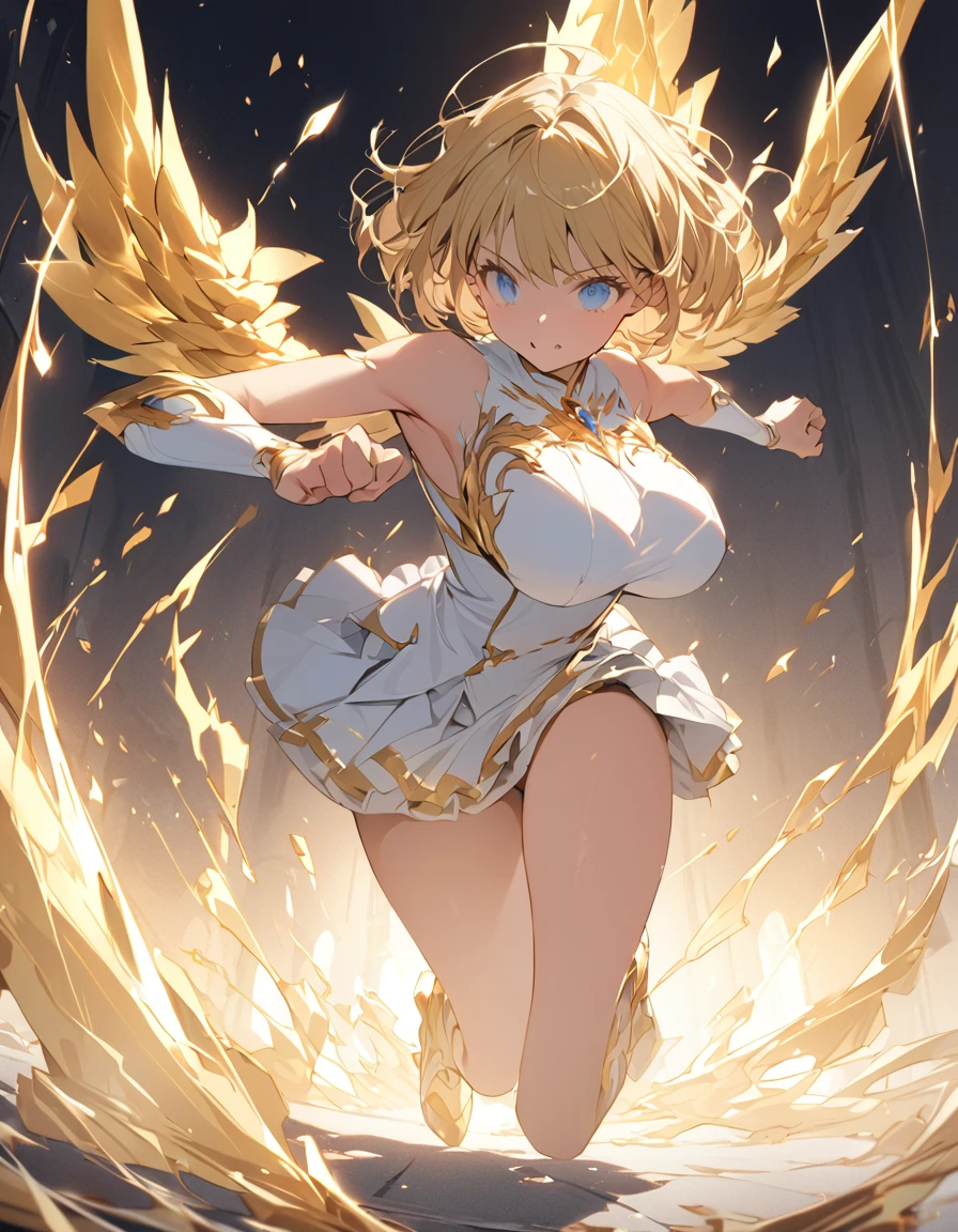 masterpiece Golden Wings A masterpiece of ultra-precise description of a girl fighting with golden flames (Short Bob Hair:1.4),(blue eyes)Fighting pose Golden flames rise all over Big Breasts Kick