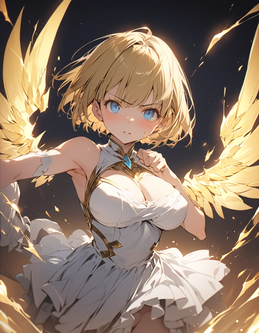 masterpiece　Golden Wings　A masterpiece of ultra-precise description of a girl fighting with golden flames (Short Bob Hair:1.4),(blue eyes)Fighting pose Golden flames rise all over　Big Breasts　Kick
