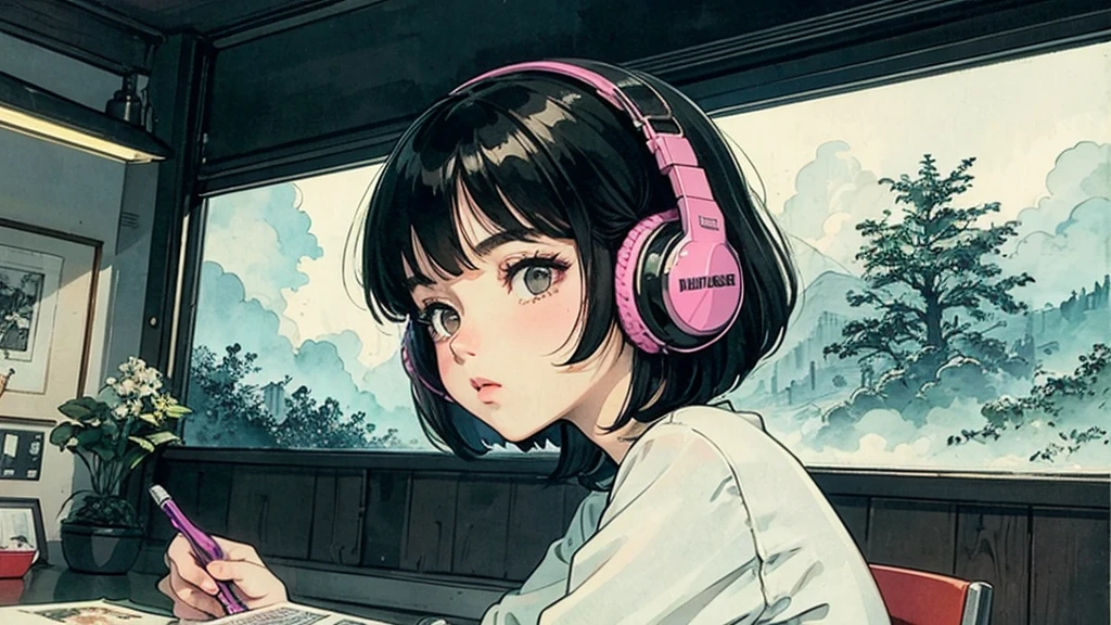 A very detailed beautiful woman, Perfect face,Black Hair, bob cut,Bangs, Gray eyes, Super detailed, Retro Wave , Wearing headphones, Studying in the room, Neon scenery on rainy day,Simulate color themes, Lo-fi hip-hop , Retrospective, flat, 2.5 days ,draw a line, digital ink painting, The slope is great, watercolor, Gush Nucleus, Studio Ghibli style, amazing colors, Appearance tons, Synthwave, Luo Fei Art,90s style,Ancient textures, amplitude,90s vibe, On the table, Amazing technology, 16:Scale 9