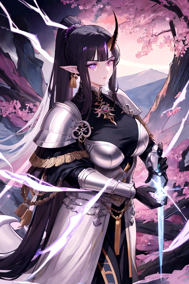 An adult tall woman, a war goddess, black hair with gray streaks, high ponytail, purple eyes, divine light, muscular physique, open white clothes, indifferent gaze, armor elements, lipstick, dragon horns and tail, armor elements